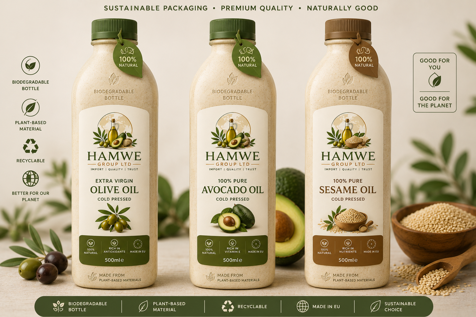 Hamwe Group Ltd olive, avocado and sesame oil in biodegradable, plant-based packaging