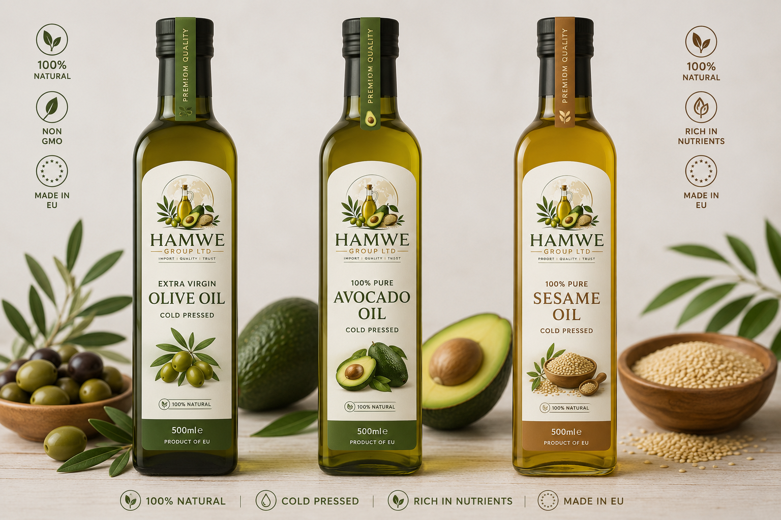 Hamwe Group Ltd extra virgin olive oil, avocado oil and sesame oil bottles